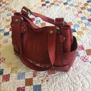Red leather handbag